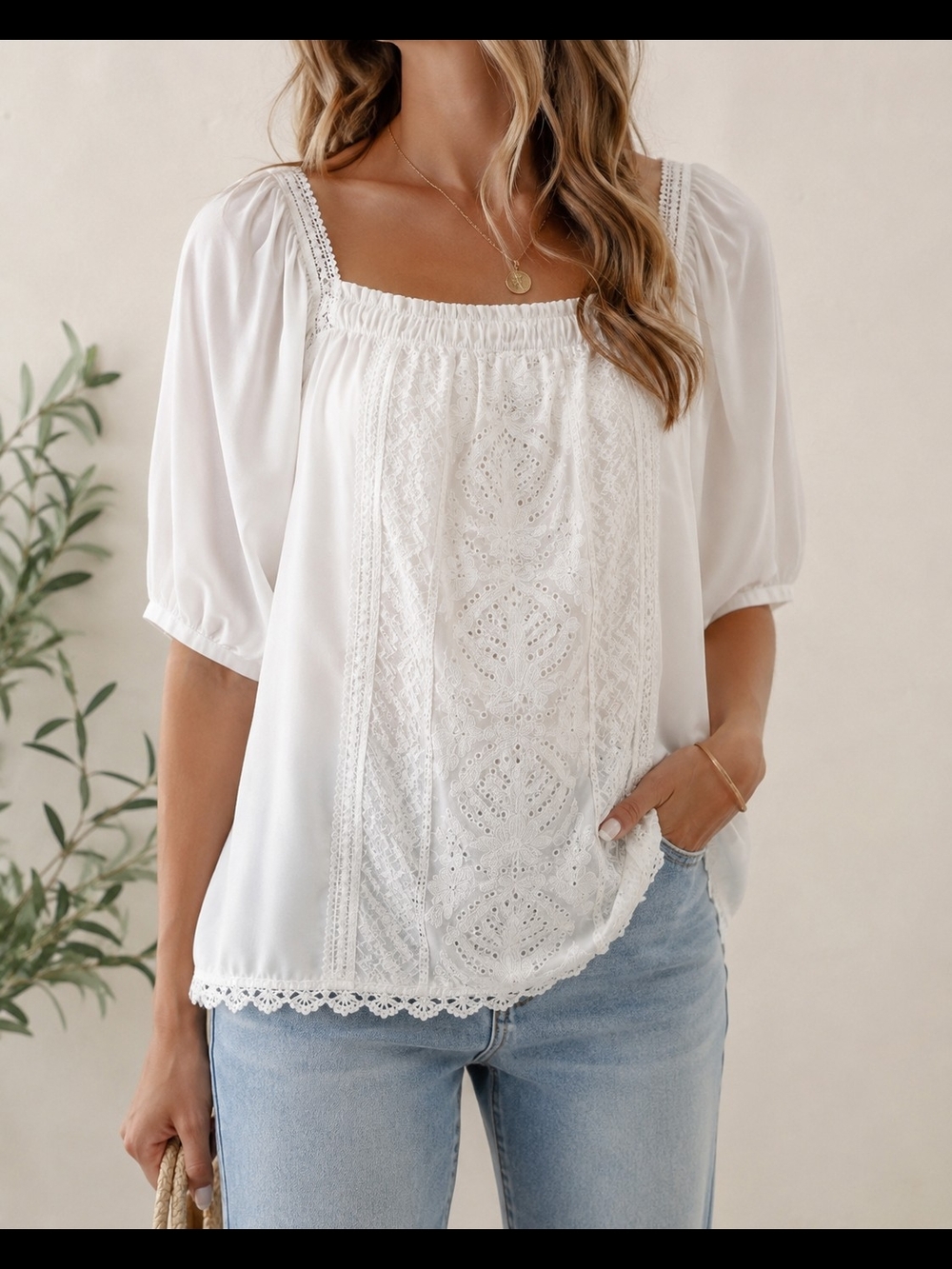 Democracy White Boho Embroidered Eyelet Peasant Blouse Puff Sleeve Size L